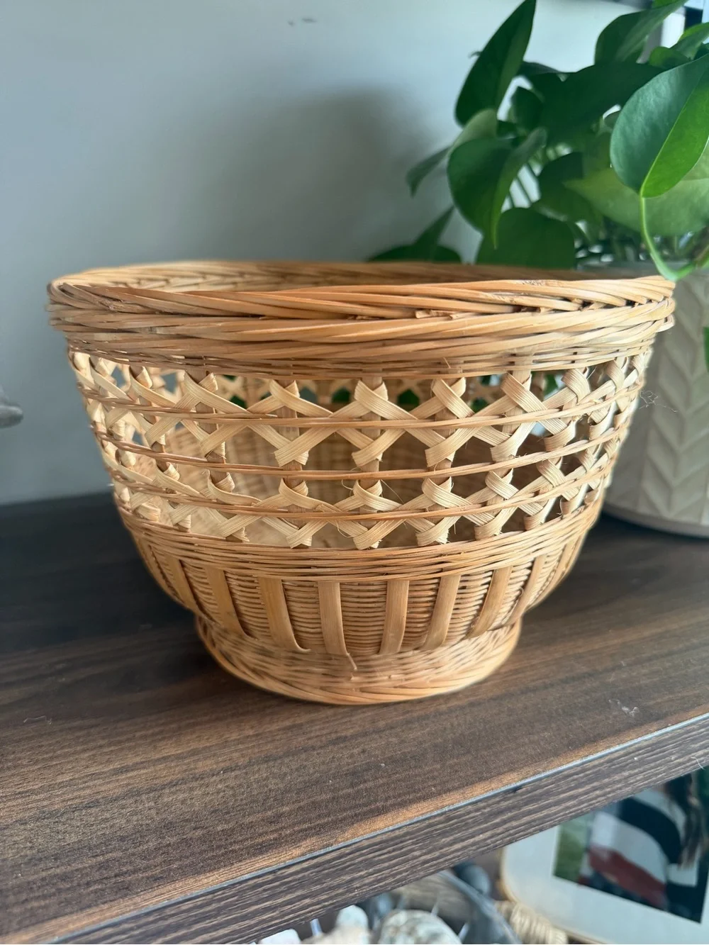 Vintage Handwoven Tan Wicker Storage Basket - Home Accents